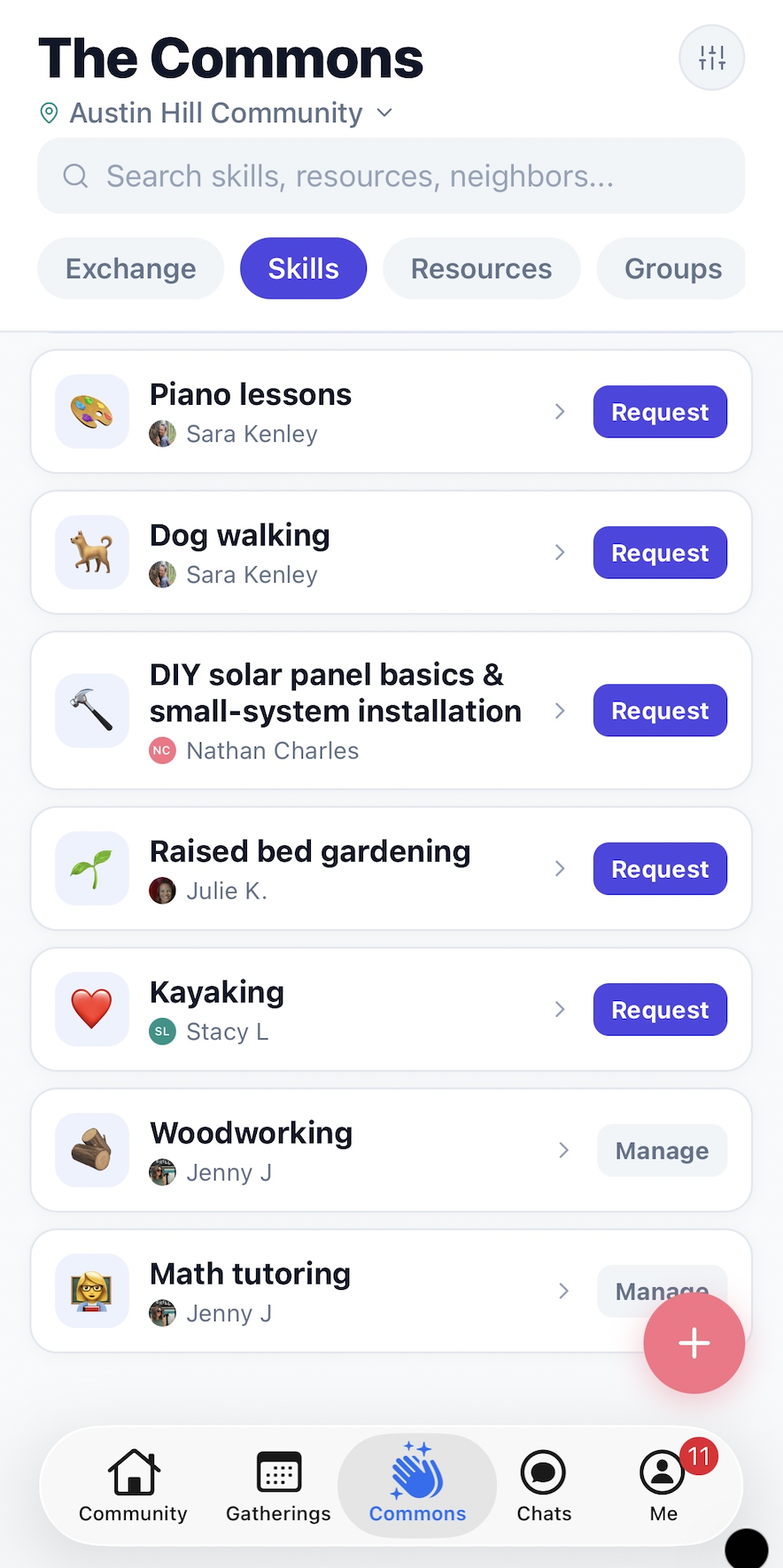 Screenshot of The Commons section in a community app showing various skills such as piano lessons, dog walking, DIY solar panel installation, raised bed gardening, kayaking, woodworking, and math tutoring, with options to request or manage each service.