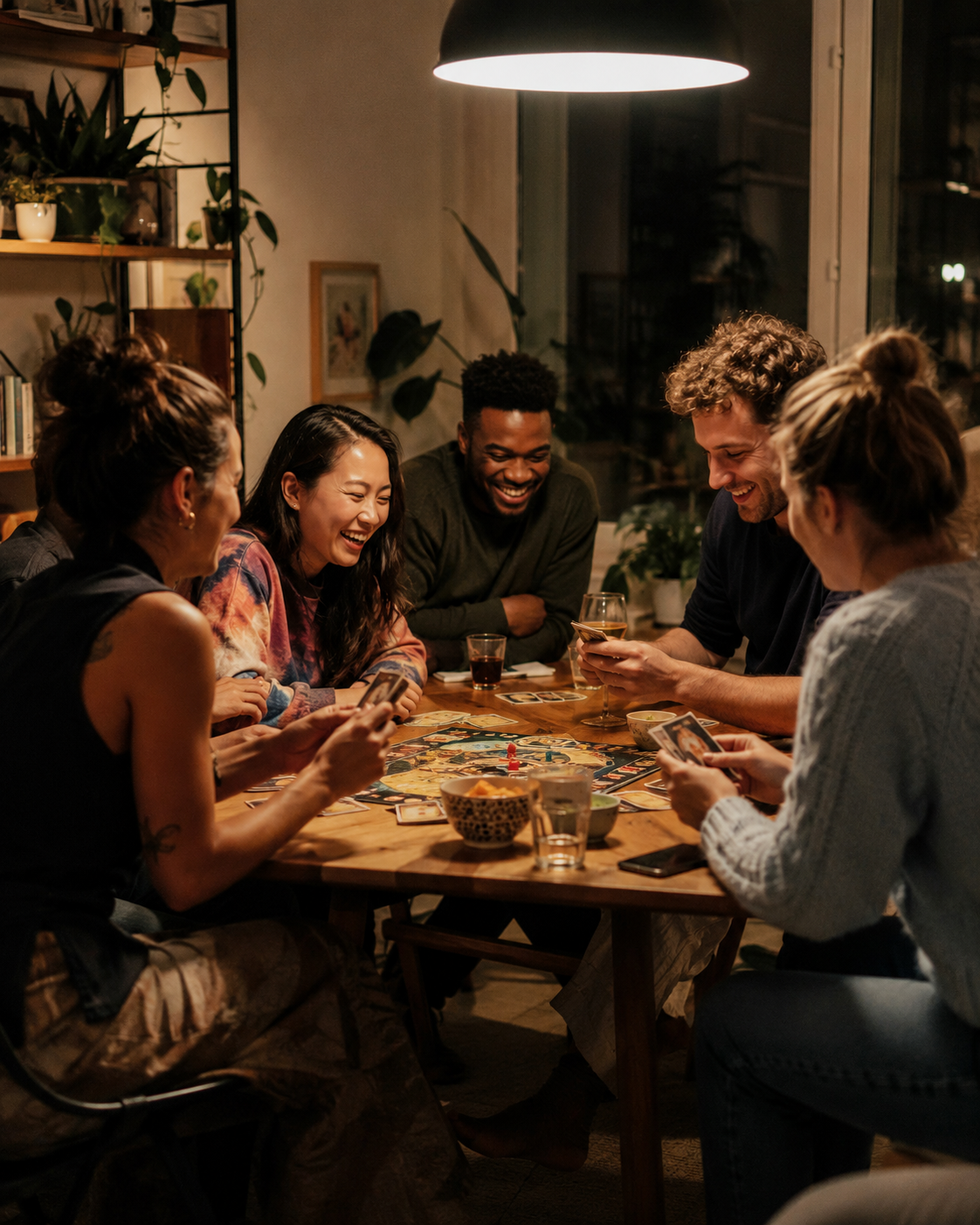 Six friends gathered around a dinner table playing a board game, smiling and laughing, in a cozy, warmly lit room.