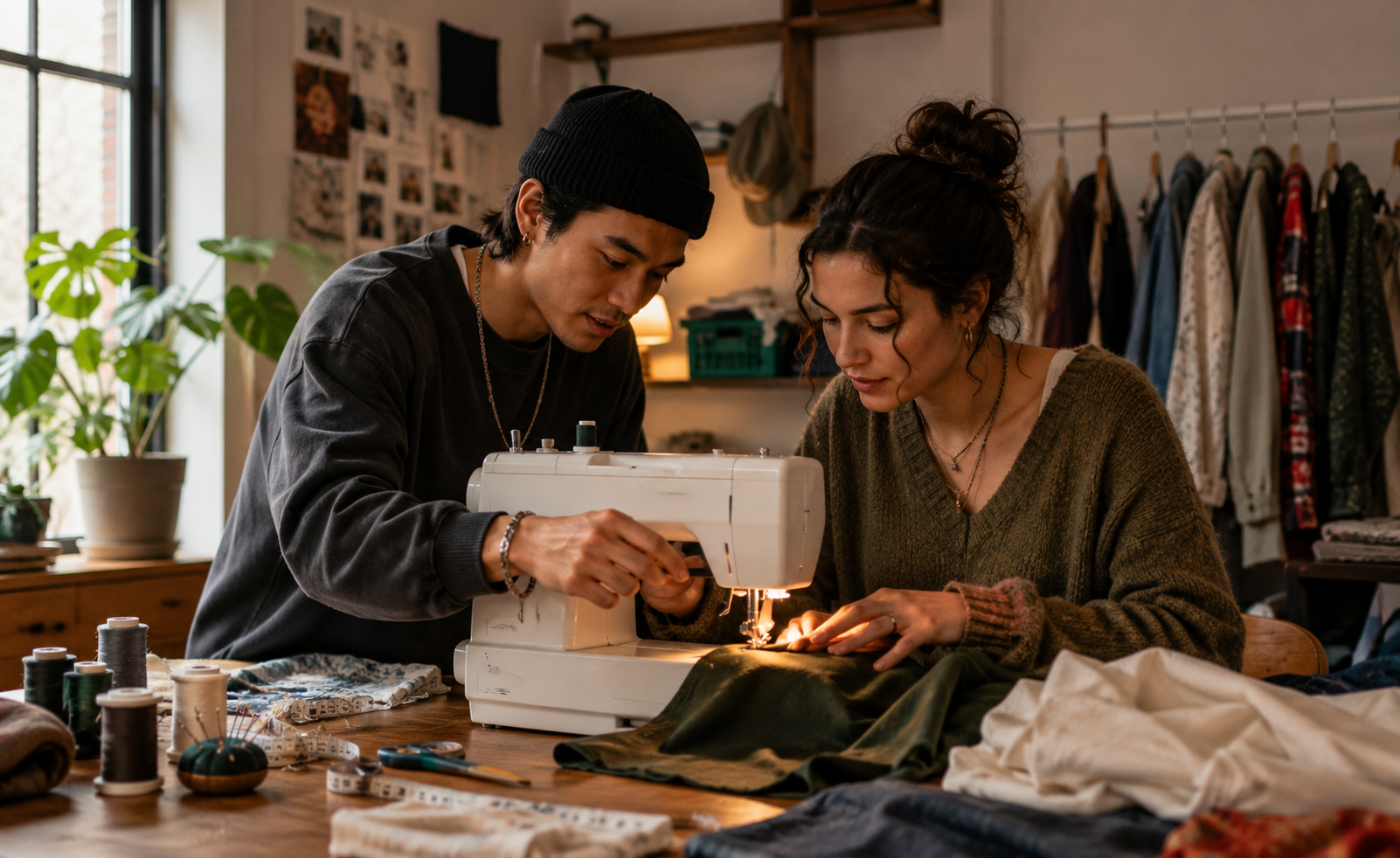 Two people sewing together at a wooden table, with sewing machine, spools of thread, fabric, and tools, in a cozy room with clothing racks and plants.