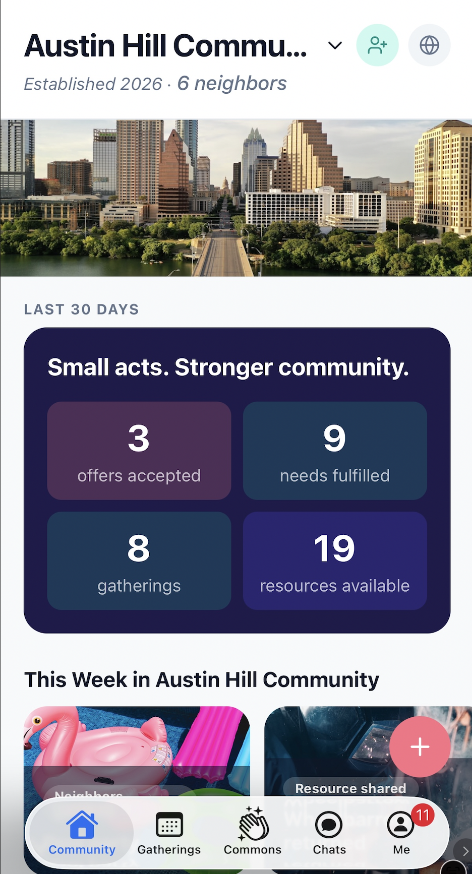 Screenshot of a community app homepage showing community statistics like offers accepted, needs fulfilled, gatherings, and resources available, along with navigation tabs for 'Community,' 'Gatherings,' 'Commons,' 'Chats,' and 'Me' at the bottom.