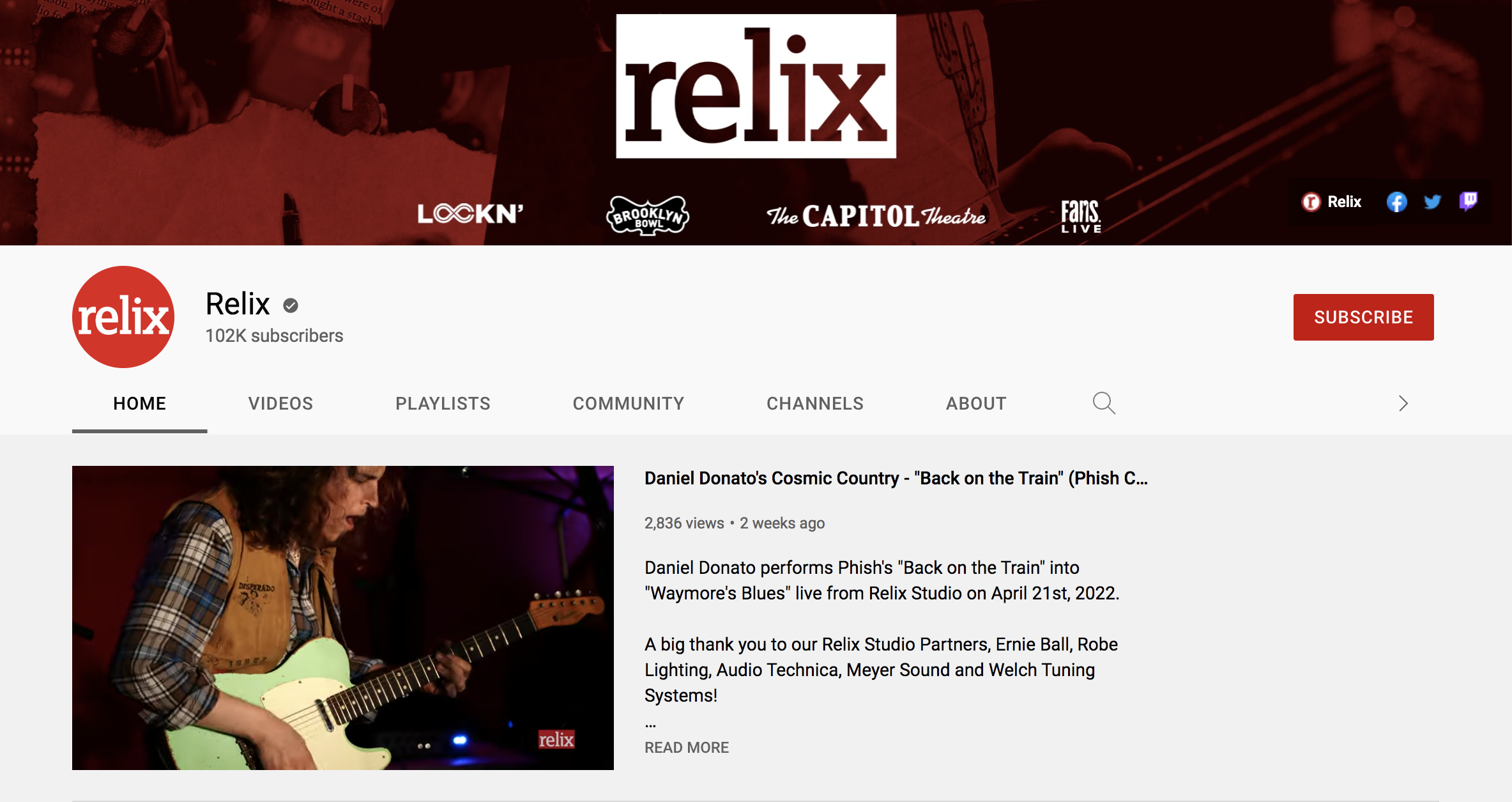YouTube channel page for Relix featuring a banner image with logos of venues and a microphone. The channel has a profile picture with the word 'relix'. The page highlights a live music performance video and social media links.