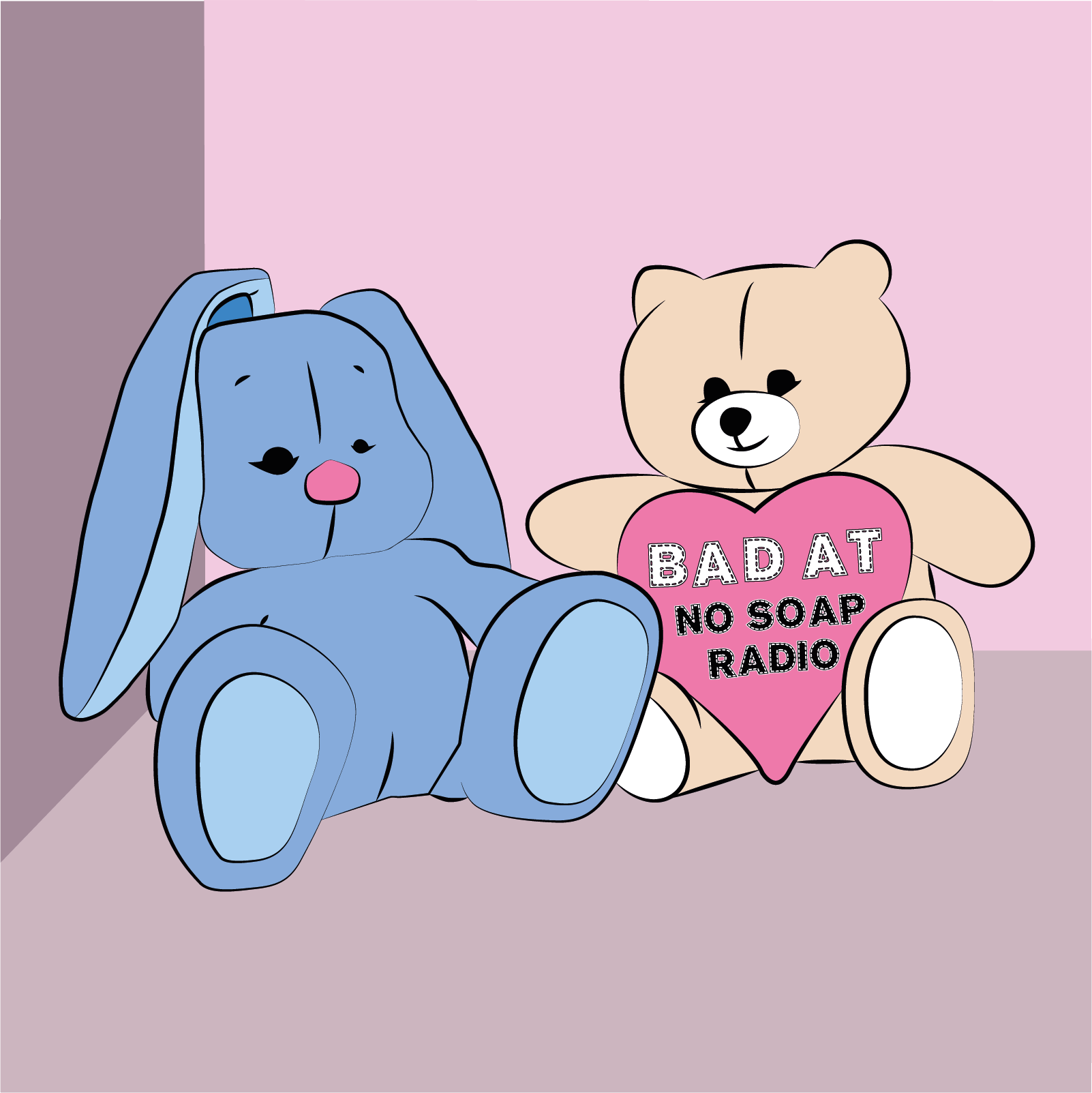 A cartoon illustration of two teddy bears sitting on a pastel pink surface against a pastel pink and purple wall. One bear is blue with a pink nose, and the other is beige holding a pink heart-shaped sign with the words "BAD AT NO SOAP RADIO."