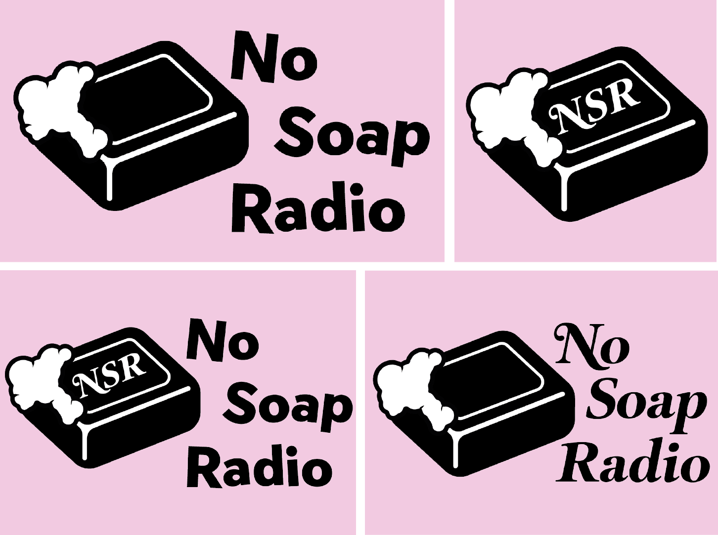 A four-panel comic contrasting soap and radio. Top left panel shows soap and the words "No Soap Radio." Top right panel shows soap with a label "NSR". Bottom left panel shows soap with "No Soap Radio." Bottom right panel shows soap with "No Soap Radio" in larger font.