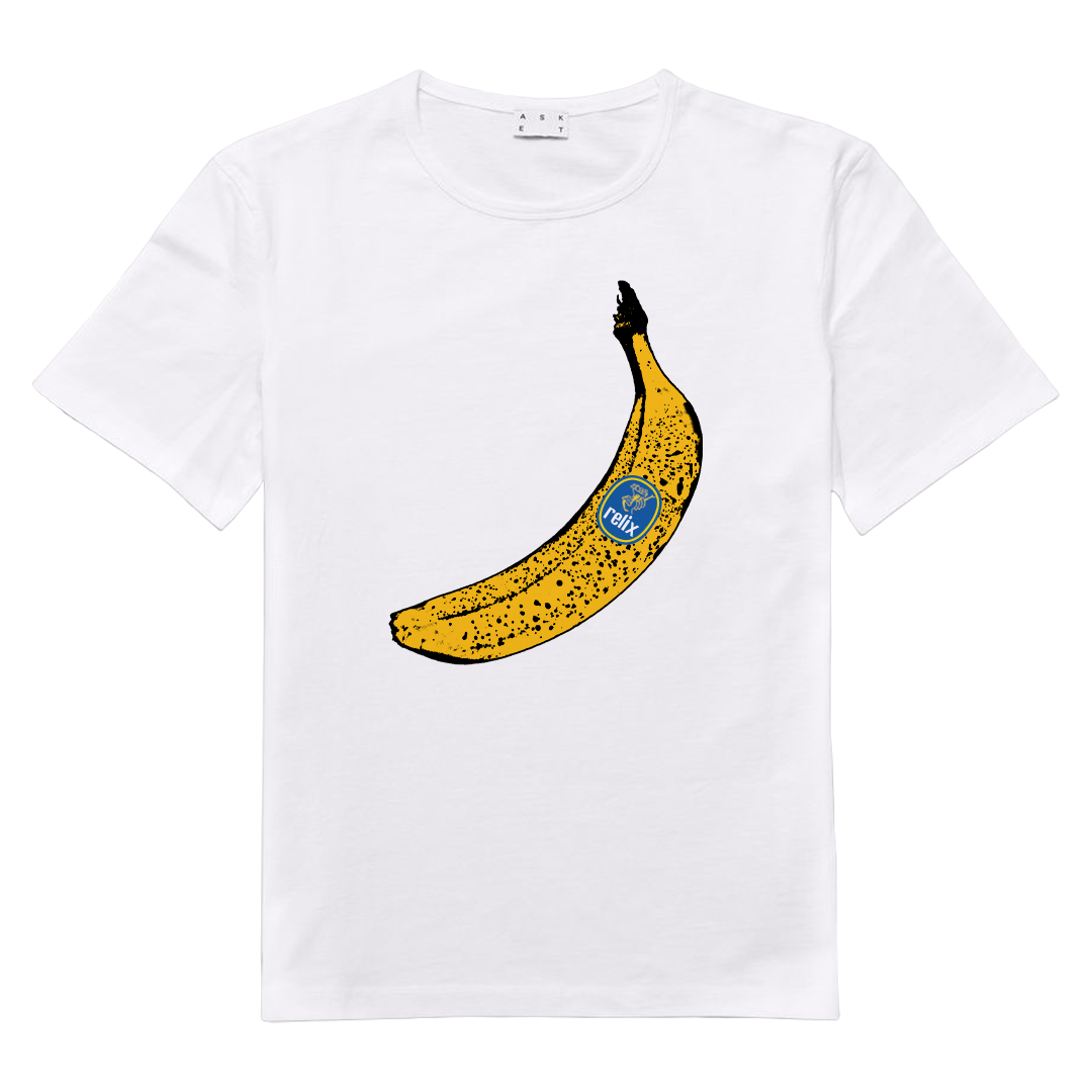 White t-shirt with a printed image of a yellow banana with black spots and a blue sticker that says 'Felix' on it.