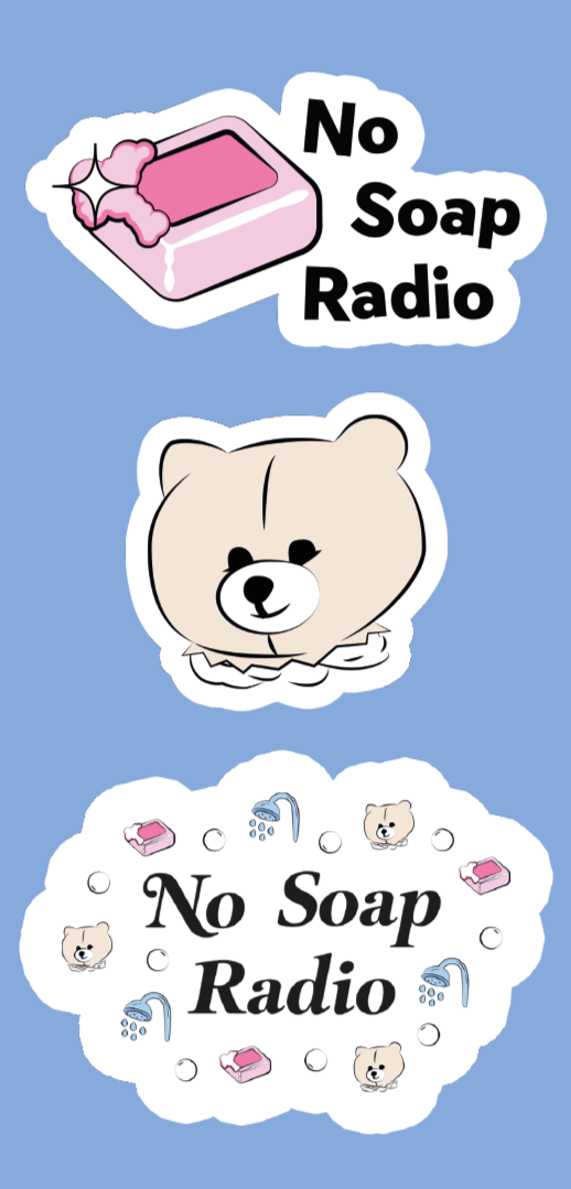 Sticker design with a pink bar of soap, a cartoon bear face, and the text "No Soap Radio" in bold black letters, surrounded by smaller soap and bear icons and water drops.