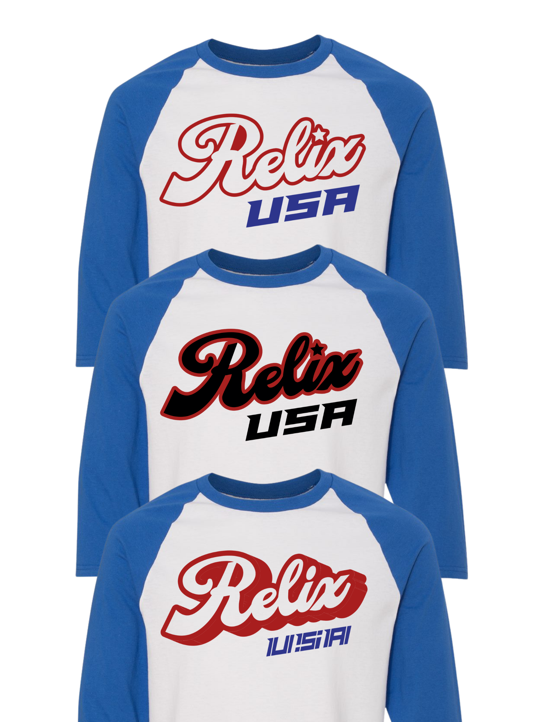 Three blue and white raglan shirts with the words "Relax USA" printed on the front, layered on top of each other.