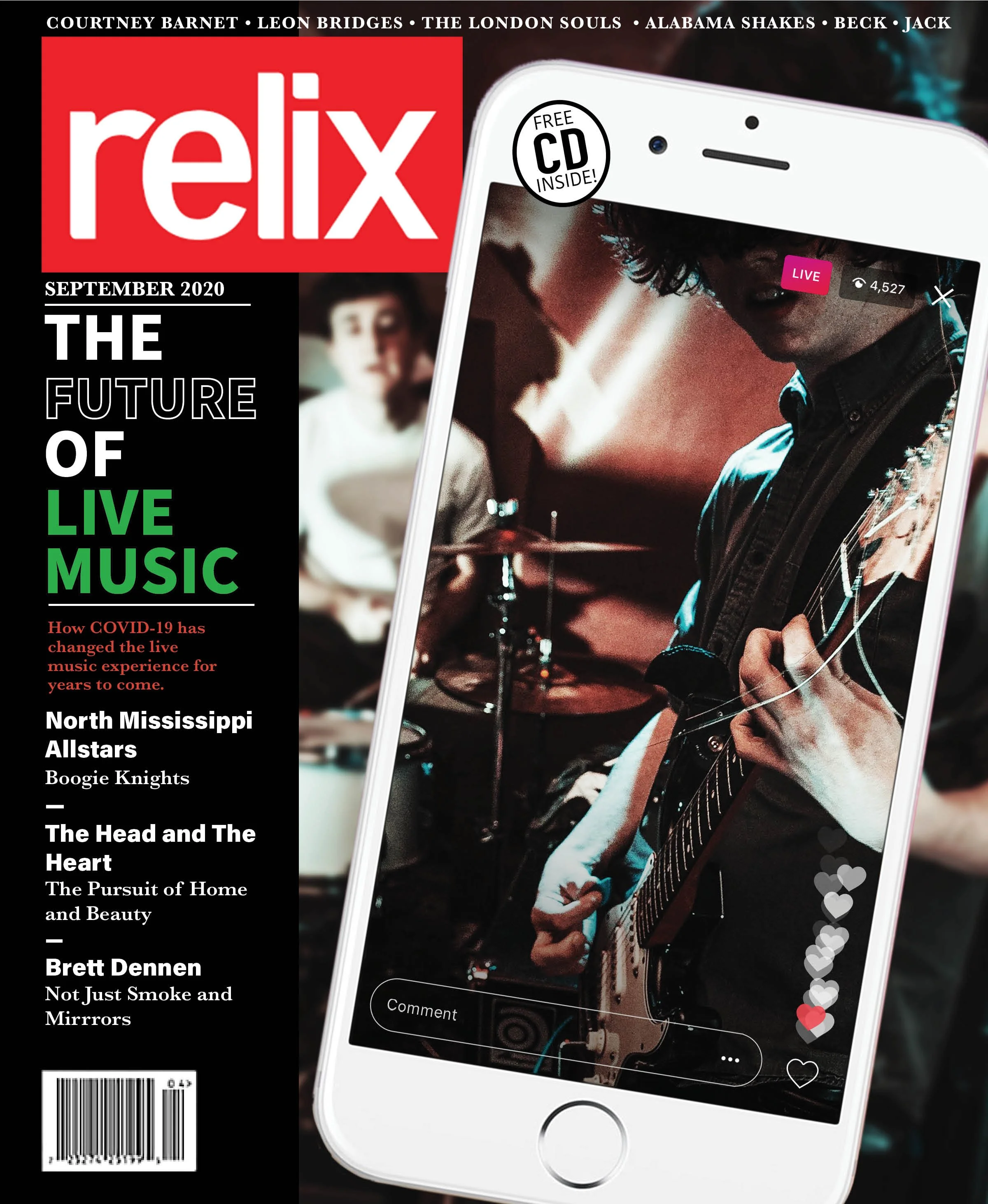 A magazine cover for Relix, September 2020 issue, featuring a person playing guitar on a smartphone screen with hearts indicating likes or reactions, and text about live music and the impact of COVID-19.
