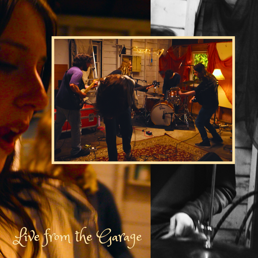 A band performing live in a cozy, rustic garage studio with warm lighting, a drum set, electric guitars, and people playing instruments and singing, with the text 'Live from the Garage' overlaid.