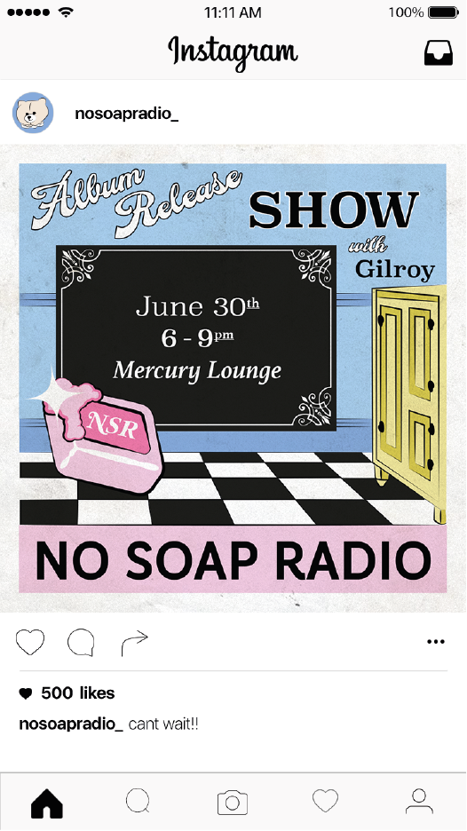 Instagram announcement for an album release show with Gilroy on June 30th from 6 to 9 pm at Mercury Lounge, featuring a pink soap bar with 'NSR' on it, a yellow wardrobe, a black and white checkered floor, and decorative black and white border around the event details.