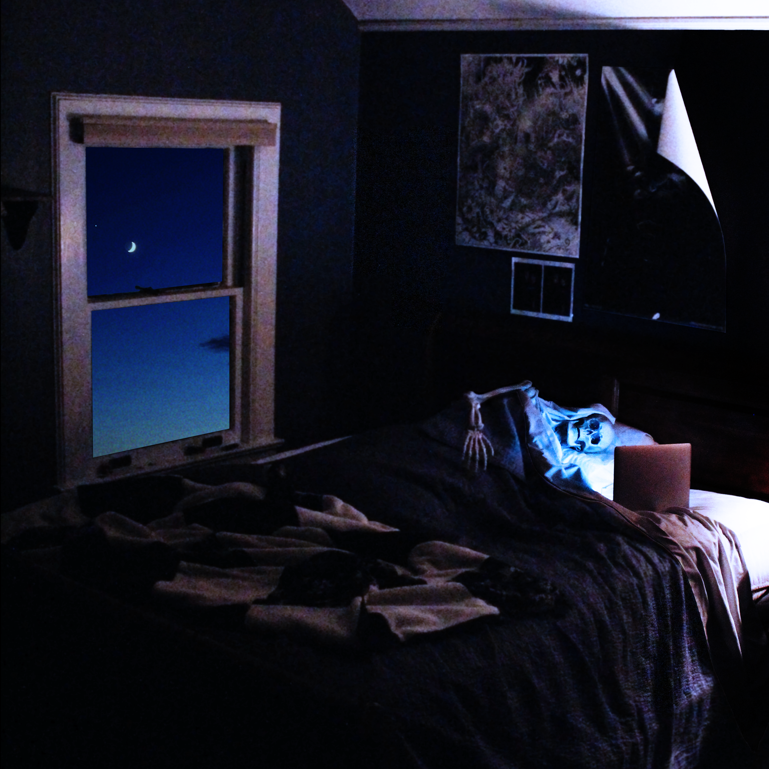 A dark room with a moon visible through a window, two paintings on the wall, a wrapped piece of art on the floor, and some clutter on the bed.