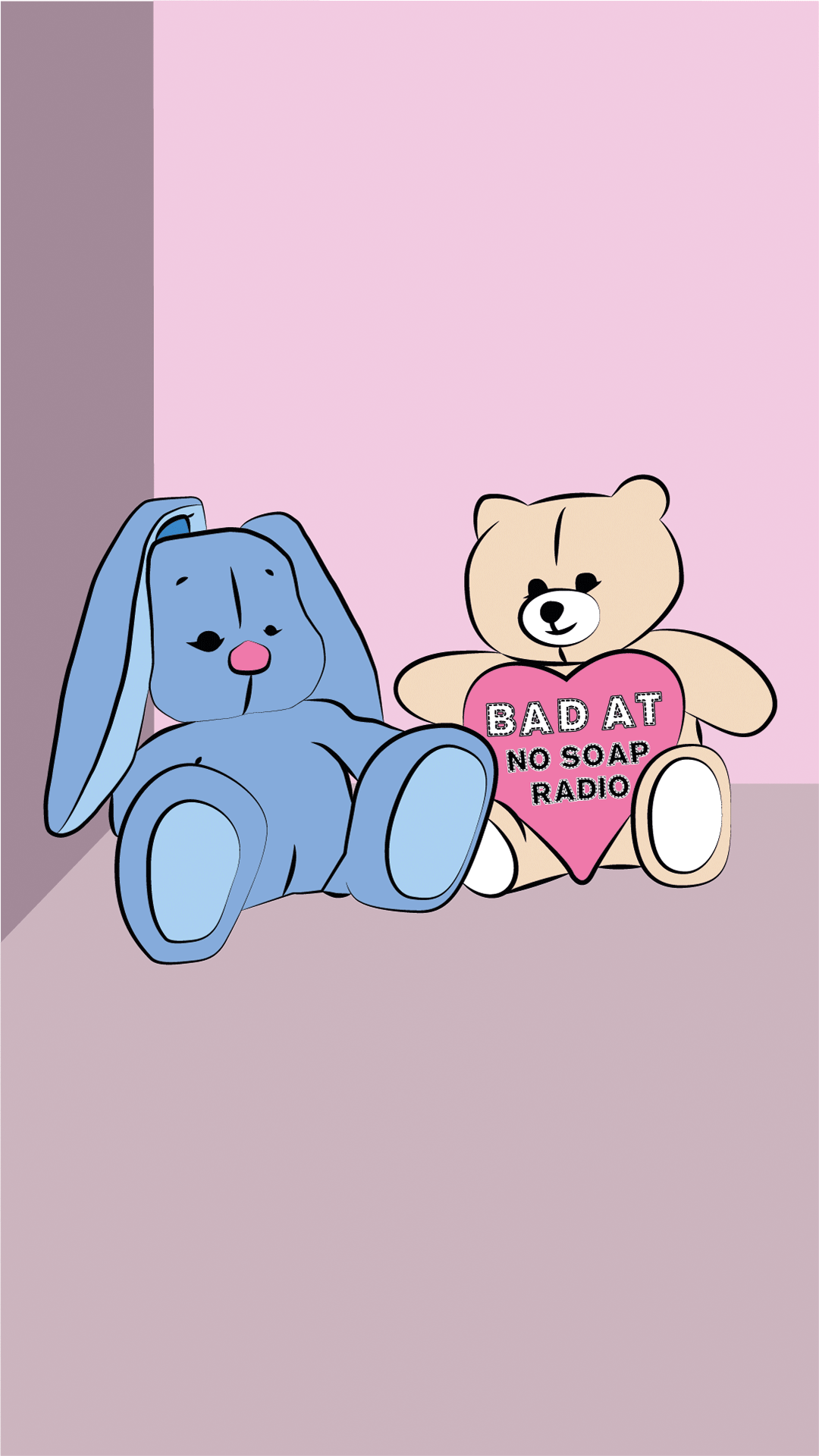 A blue stuffed rabbit and a beige teddy bear sitting against a pink and purple background. The teddy bear holds a pink heart with the text "BAD AT NO SOAP RADIO".