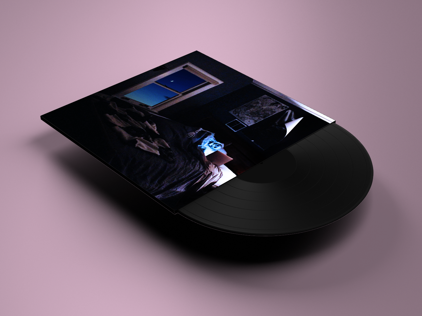 A vinyl record with an album cover featuring a dark indoor scene, including a bed with rumpled blankets, a window showing a night sky, and wall art, all depicted on a pink background.