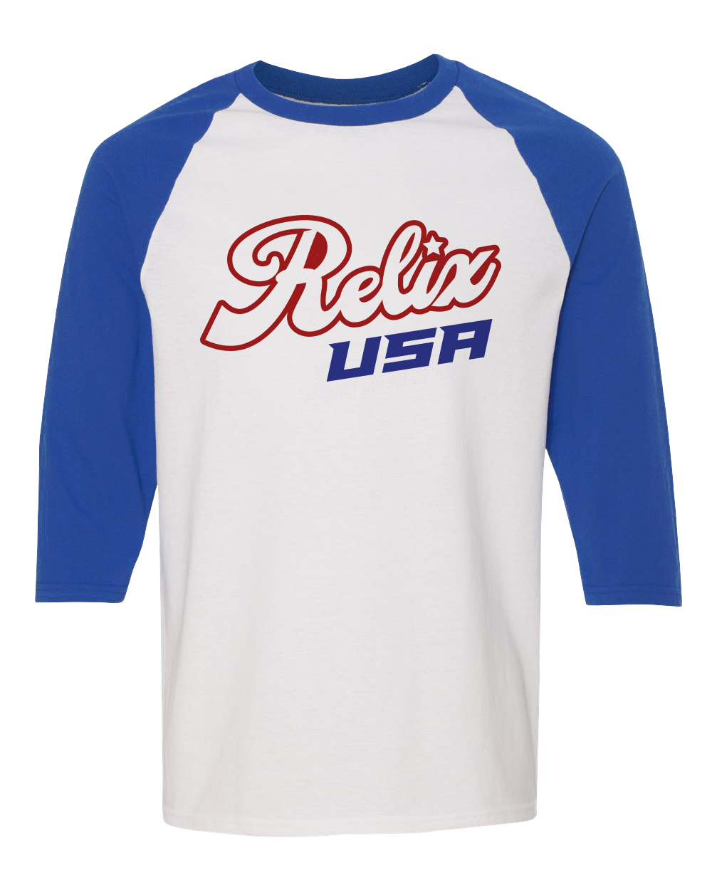 White and blue raglan baseball shirt with 'Relax USA' text printed on the front.