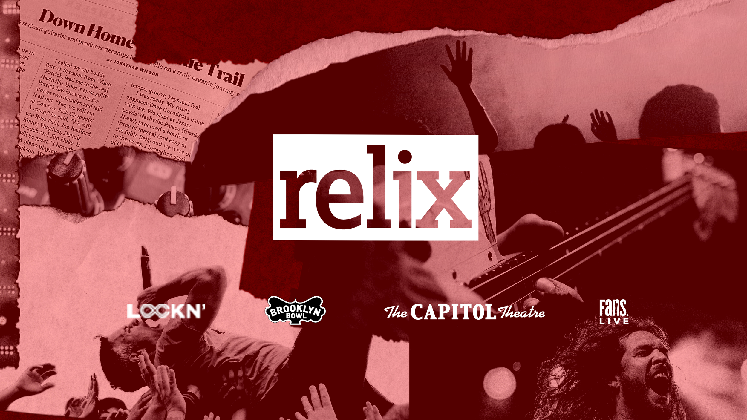 A collage of black and white images showing a woman with long hair playing the guitar, hands raised in the air, and images of a crowd at a concert. The text on the collage includes the words 'relix,' 'The CAPITOL Theatre,' 'Brooklyn Bowl,' and other smaller text related to concert events and locations.