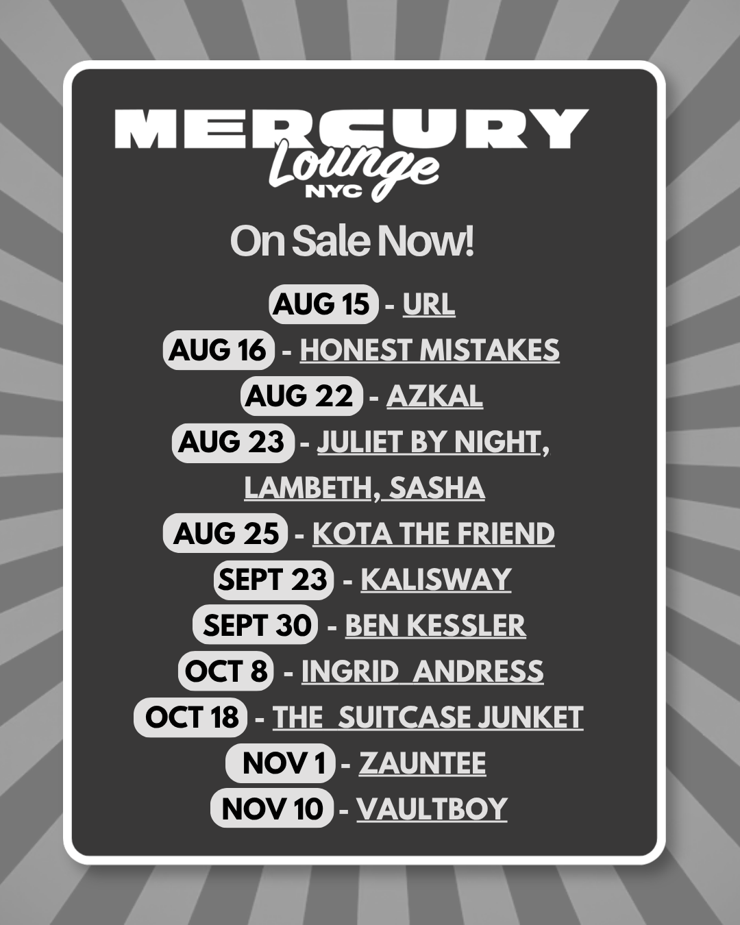 Event schedule for Mercury Lounge NYC, listing upcoming performances from August 15 to November 10 with dates and artist names.