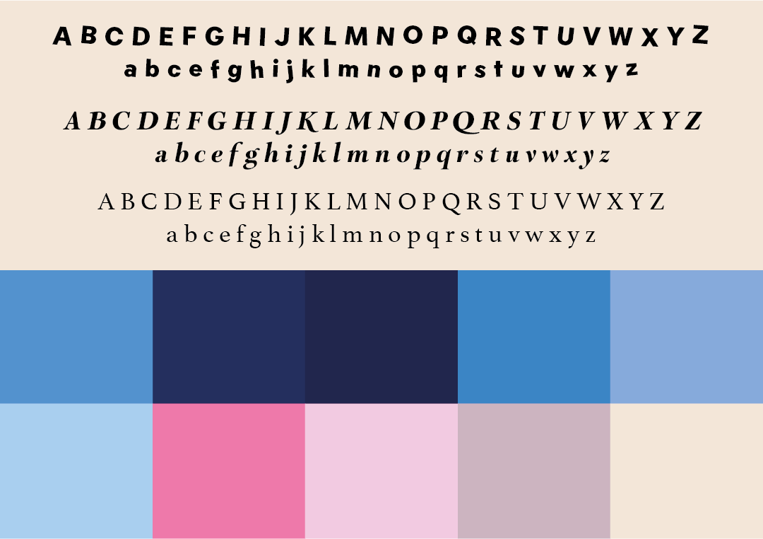 Various styles of alphabet fonts displayed on a color palette background.