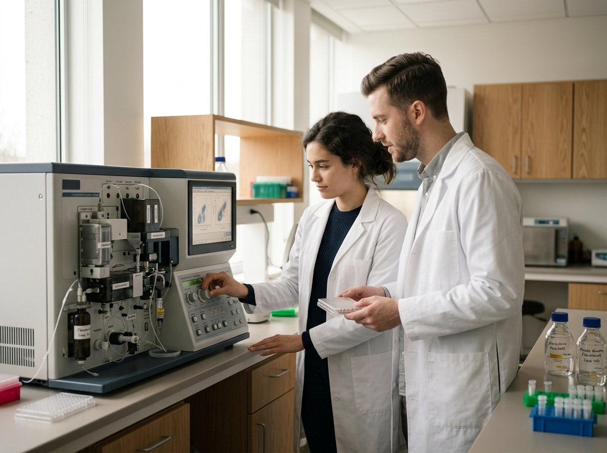 Two scientists are working with laboratory equipment in a laboratory; one is operating a machine while the other holds a tray of samples for multispecific antibody discovery.