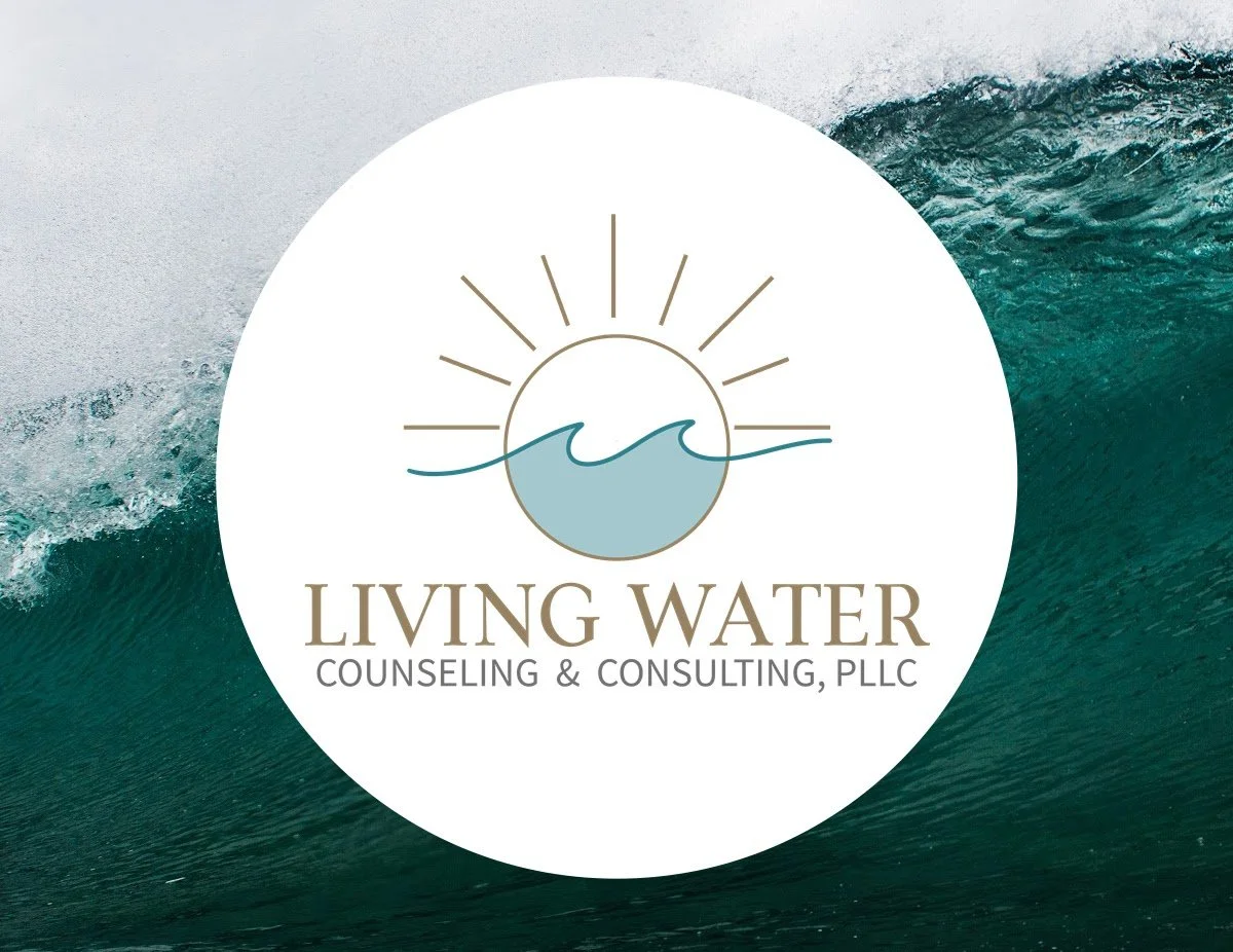Logo for Living Water Counseling & Consulting, PLLC with a wave and sun illustration, set against a background of ocean waves.