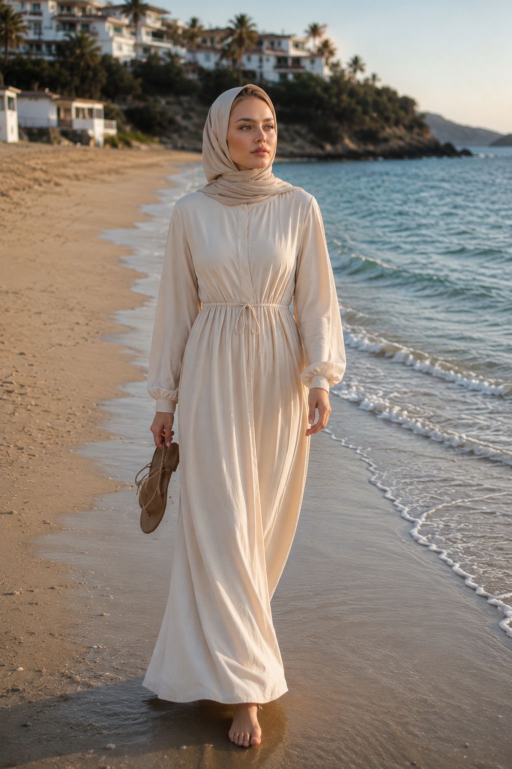 Woman in a beige dress and headscarf walking barefoot on the beach, carrying sandals, with houses and palm trees in the background during sunset.