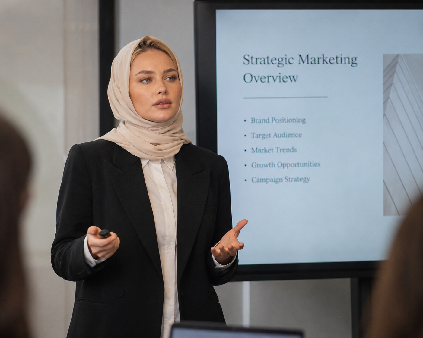 A woman wearing a black blazer and a beige hijab giving a presentation on strategic marketing overview, with a slide displayed on a large screen behind her.