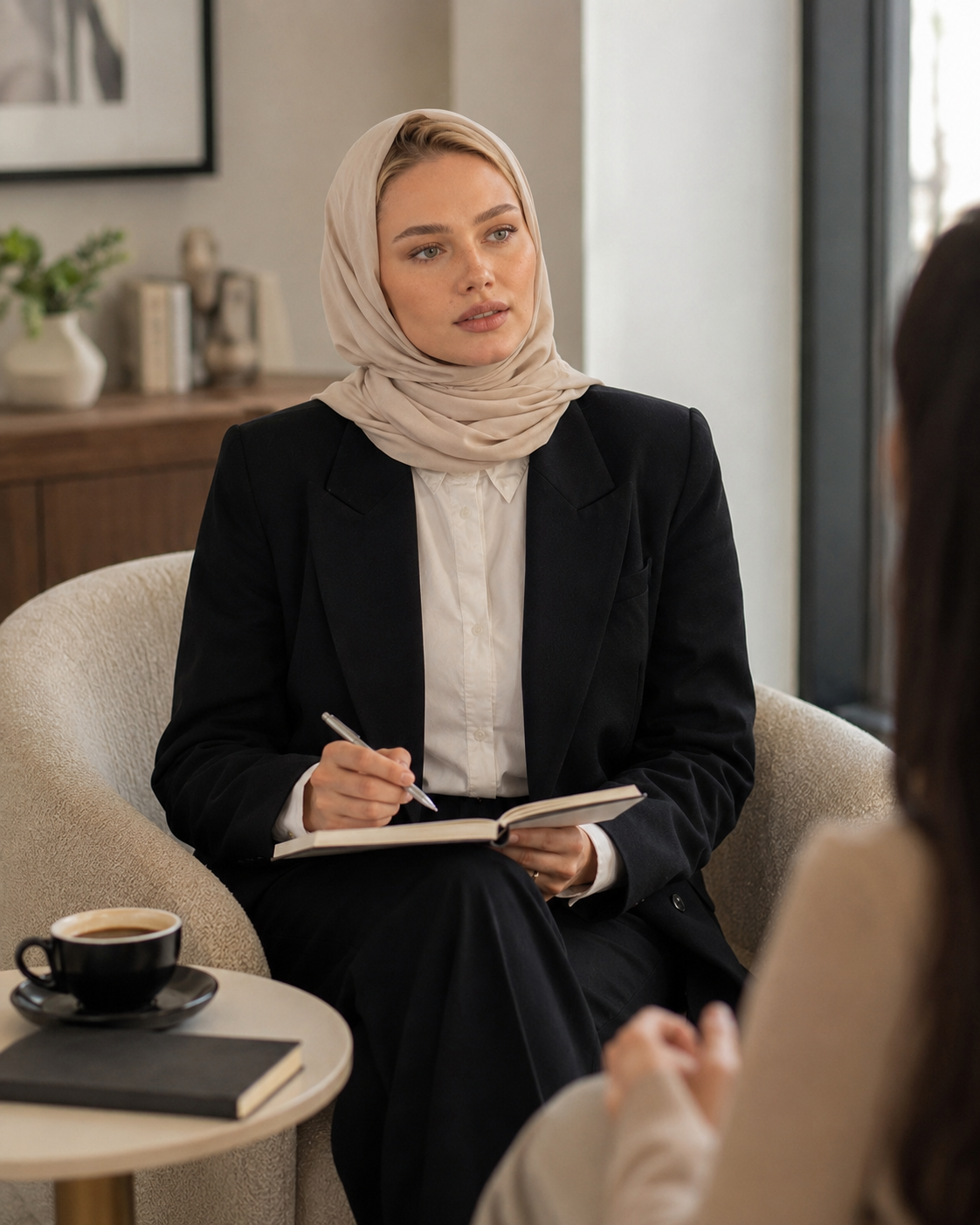 A woman in a beige headscarf and black blazer sitting on a beige armchair, taking notes in a diary while having a conversation with another person inside a modern room with a wooden sideboard, books, and plants in the background.