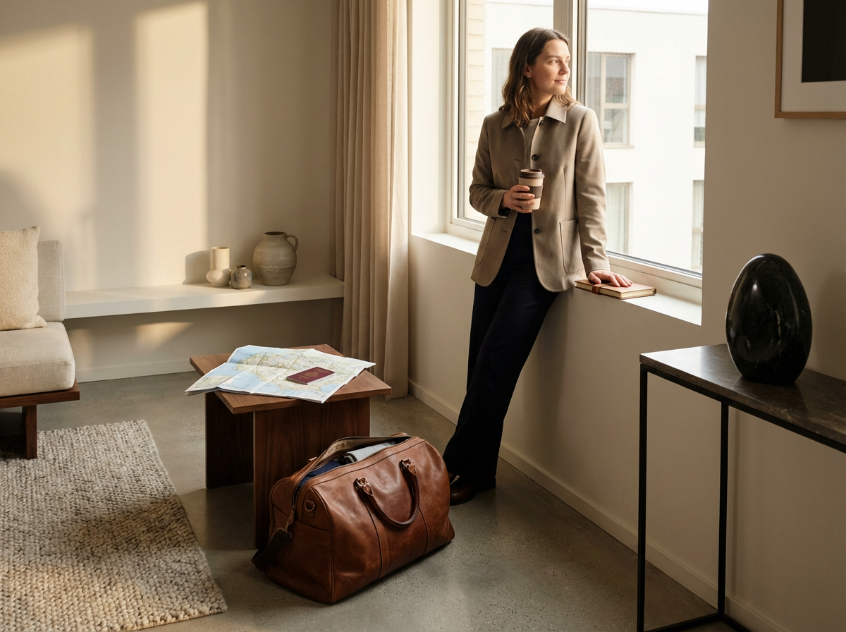 A woman holding a coffee cup and looking out the window in a hotel room with a map, passport, leather bag, and laptop on the table.