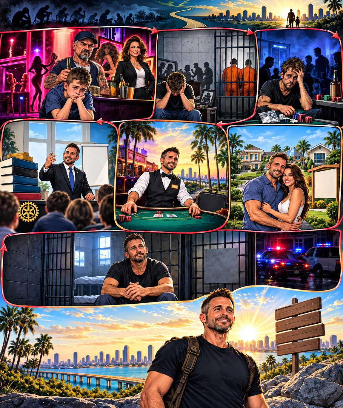 A collage showing various scenes: top row depicts a city skyline at sunset, middle rows feature counseling, corporate training, outdoor couple, prison cell with a man, police cars at night, and a man looking hopeful at sunset, and bottom row shows a man hiking near a city skyline at sunrise.