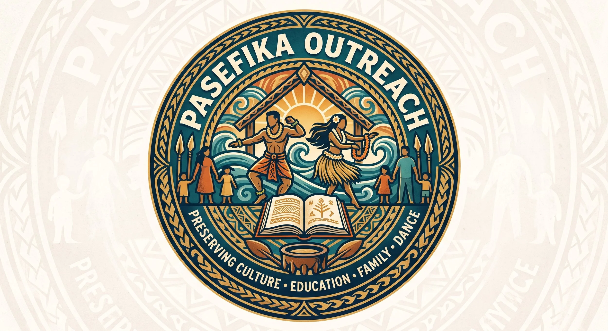 Seal of the Pasifika Outreach, featuring a Polynesian-style scene with a man and woman dancing, surrounded by smaller figures holding hands, with ocean waves, a rising sun, an open book, a Polynesian motif border, and text indicating culture, education, family, and community values.