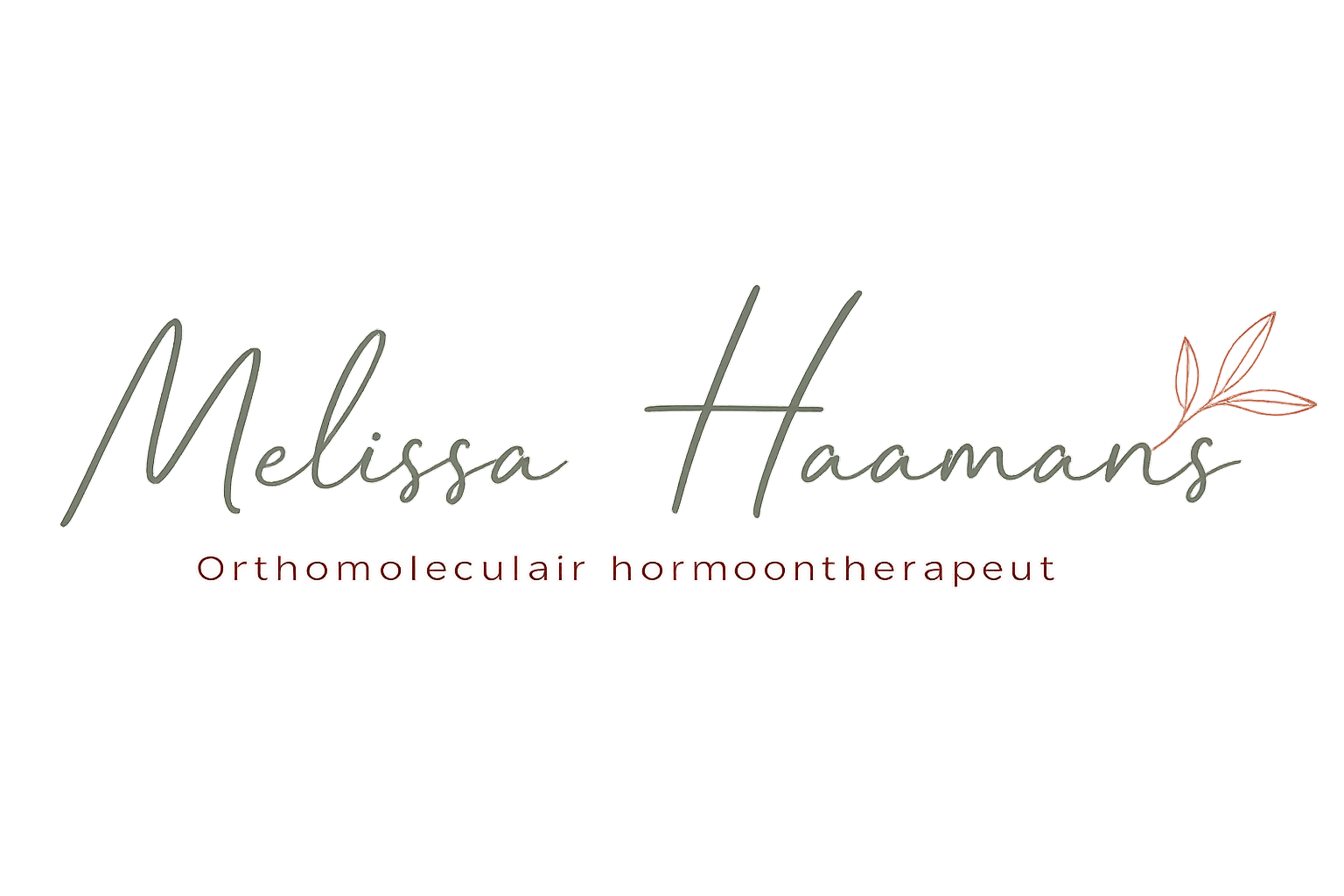 Logo met de naam Melissa Haamans en de titel Orthomoleculair hormoontherapeut, met een eenvoudige illustratie van een tak met bladeren in roze