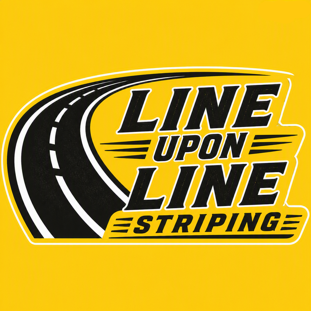 Yellow background with a black curved road graphic and bold stylized text reading "Line Upon Line Stripping."