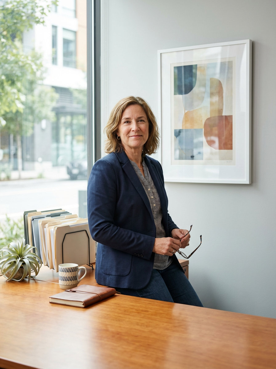 A woman in a navy blazer and gray shirt sitting on a wooden desk in a brightly lit office, holding glasses, with a window, abstract art, a plant, a mug, and a closed notebook on the desk.