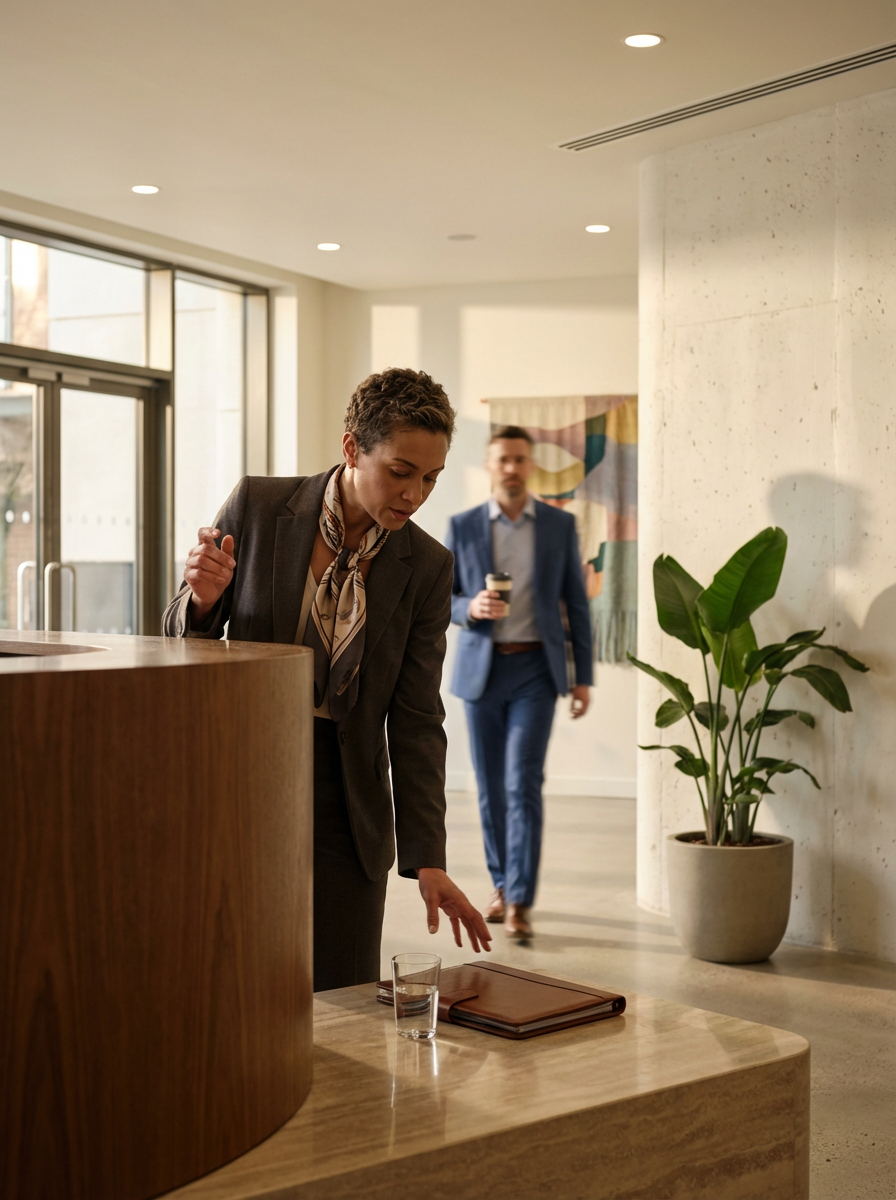 Two business professionals in a modern office: a woman adjusting a glass of water and folders on a wooden table, and a man holding a coffee cup in the background.