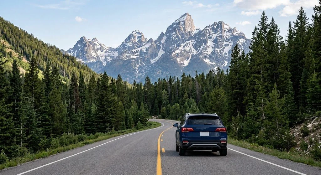 A black SUV on a winding mountain road surrounded by dense pine trees with snow-capped mountains in the background.