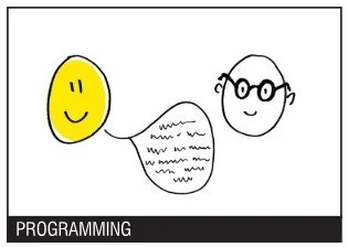 Drawing of a yellow smiley face with a writing balloon cloud, and a face with glasses, subtitled 'Programming'.