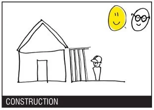 Simple line drawing of a house with a person wearing glasses and a cap standing outside, and a yellow smiley face and a person with glasses drawn together in the sky, labeled 'CONSTRUCTION' at the bottom.