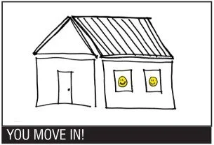 Simple drawing of a house with two windows featuring smiley faces and a door. Text below reads 'YOU MOVE IN!'.