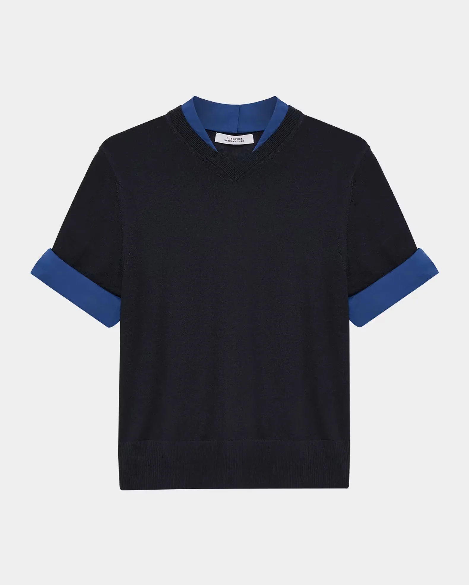 Black sweater with blue cuffs and a blue V-neck trim.