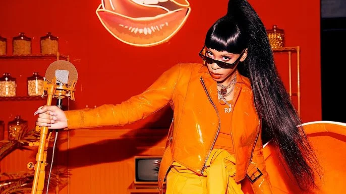 Woman with long black hair in a high ponytail, sunglasses on the bridge of her nose, orange leather jacket, and orange pants in a room decorated with orange hues