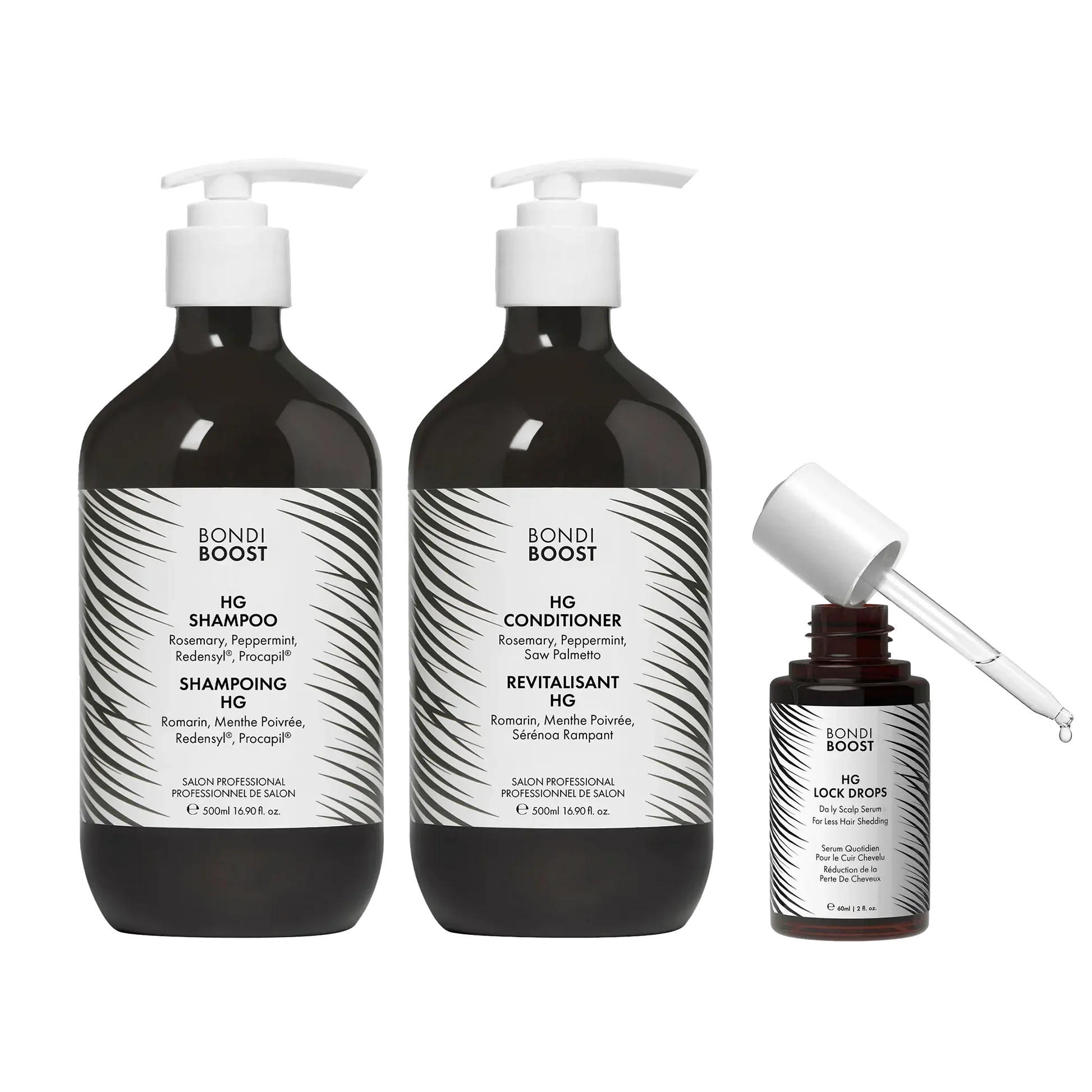 Set of Bondi Boost hair care products including shampoo, conditioner, and lock drops spray, with black bottles and white labels featuring black and white swirling design.