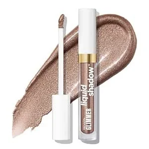 A tube of liquid eyeshadow with a white cap, showing a swatch of shimmery bronze eyeshadow on a white background.