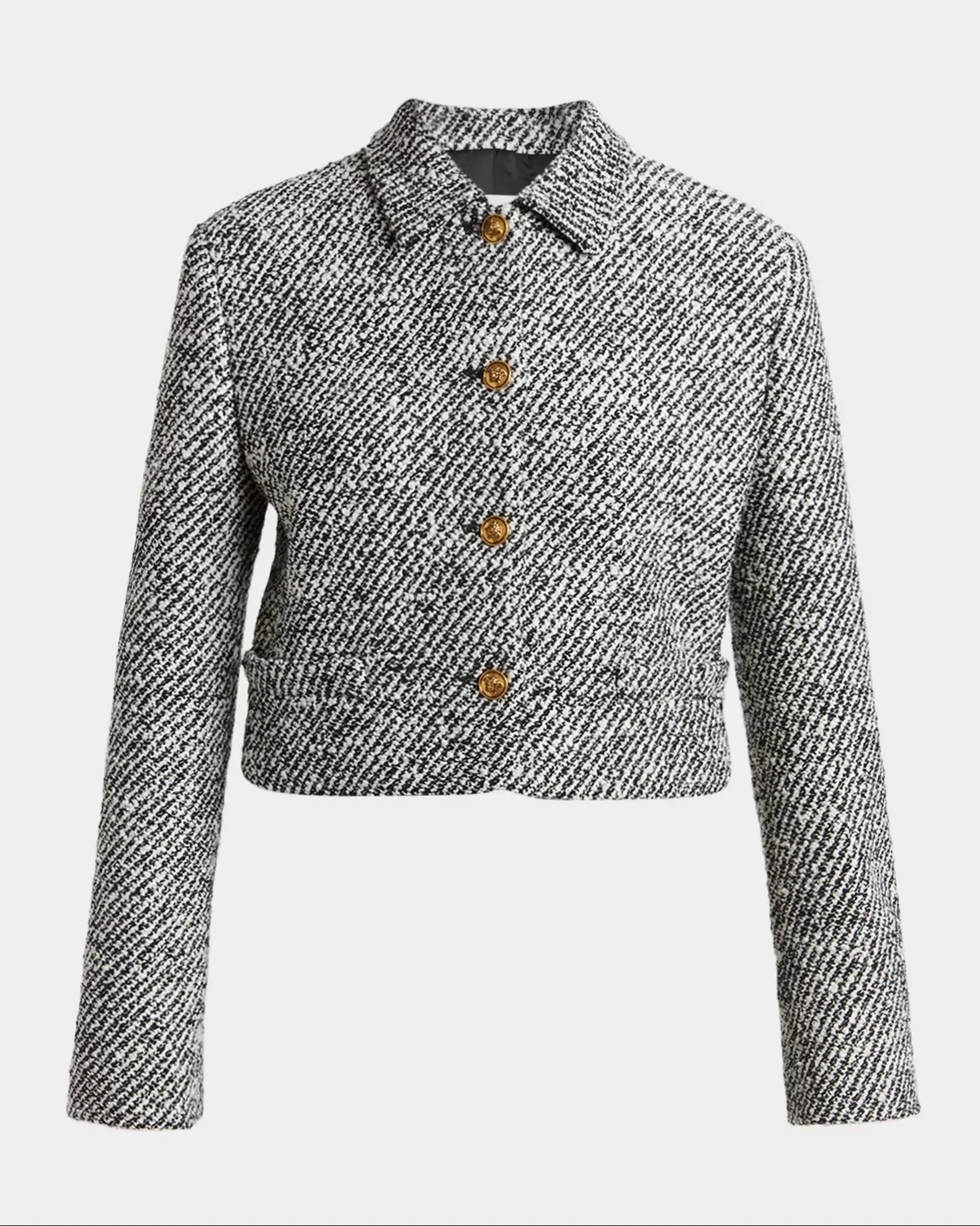 Black and white textured coat with gold buttons and a collar.