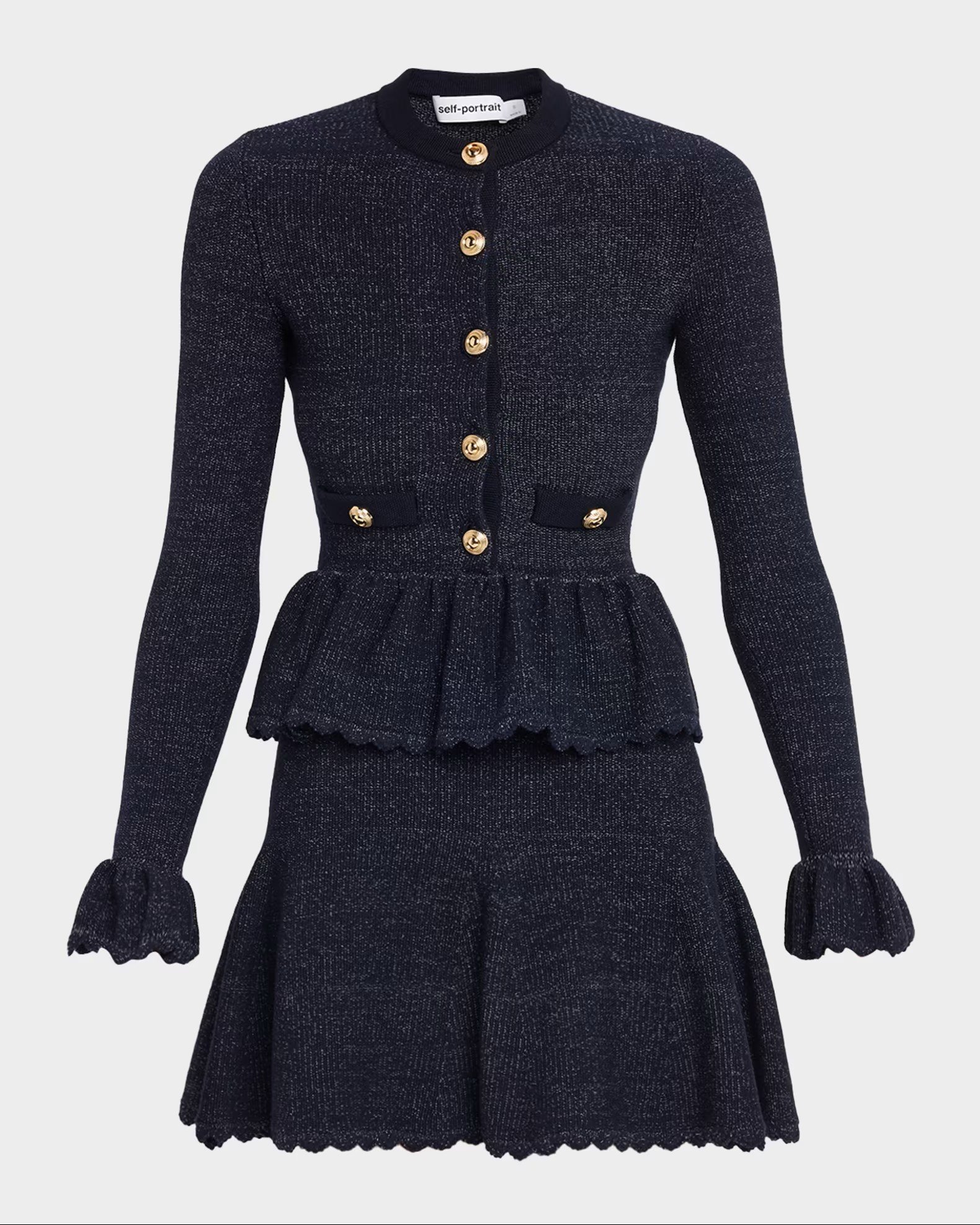 A navy blue textured dress with long ruffled sleeves, a ruffled hem, and gold buttons down the front, displayed against a plain background.