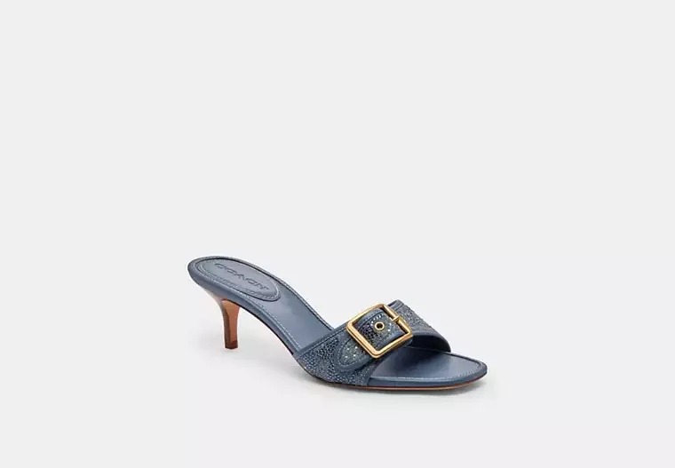 A navy blue high-heeled sandal with a gold buckle and open toe, on a plain gray background.