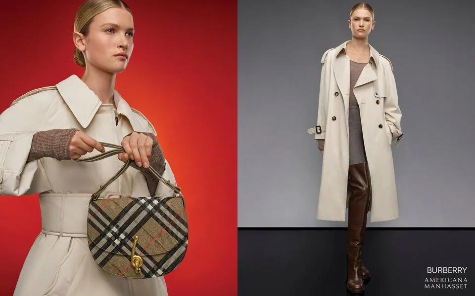 Side-by-side photos of a woman modeling Burberry fashion. The left photo shows her holding a plaid handbag against a red background, wearing a beige trench coat with rolled-up sleeves. The right photo shows her standing against a gray background, wea