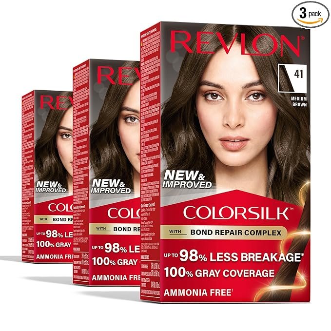 Three boxes of Revlon Colorsilk hair dye with a woman on the packaging, featuring long, dark brown hair, and text highlighting features like up to 98% less breakage, 100% gray coverage, and ammonia free.