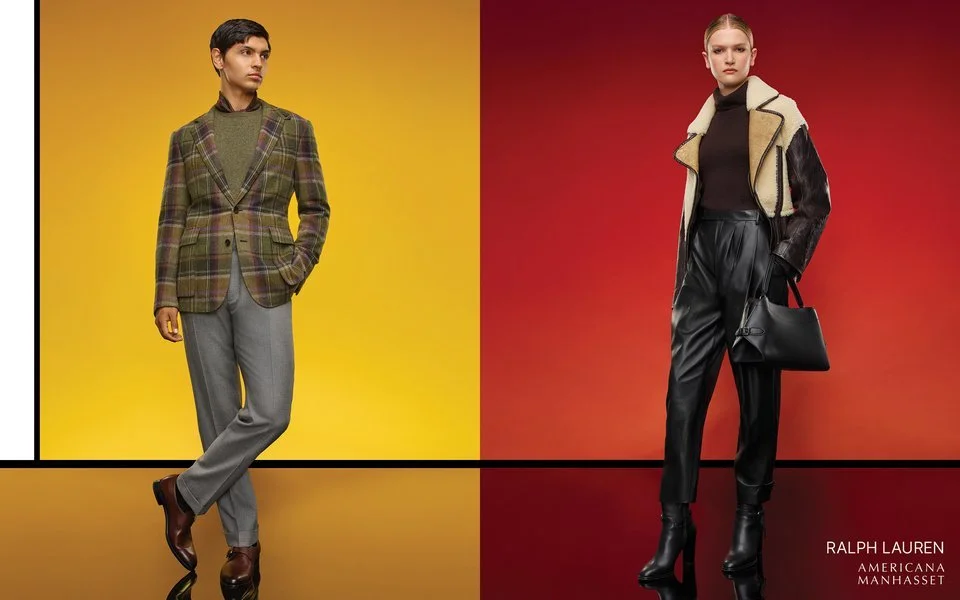 Fashion models showcasing autumn outfits against colorful background.