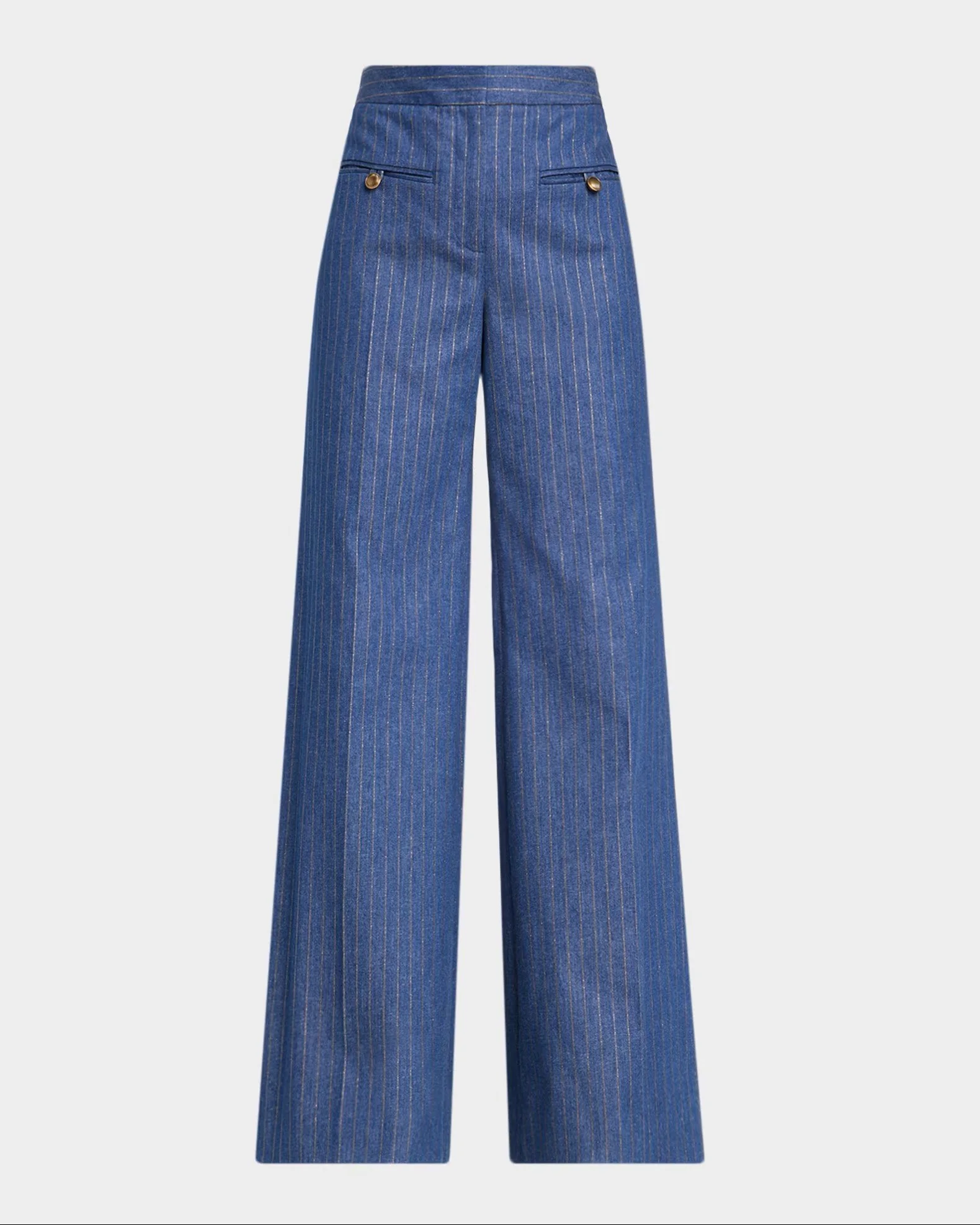 Pair of blue wide-leg pants with thin vertical gold stripes, two decorative buttons on back pockets, and a high waistband.