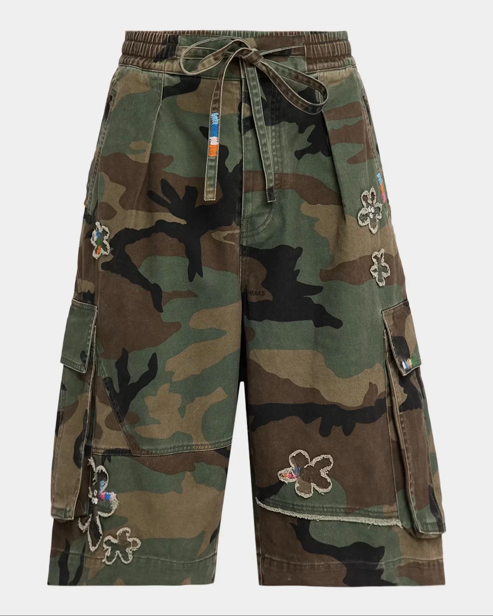 Camouflage cargo shorts with embroidered floral patches and colorful beaded accents, featuring a drawstring waist and multiple pockets.