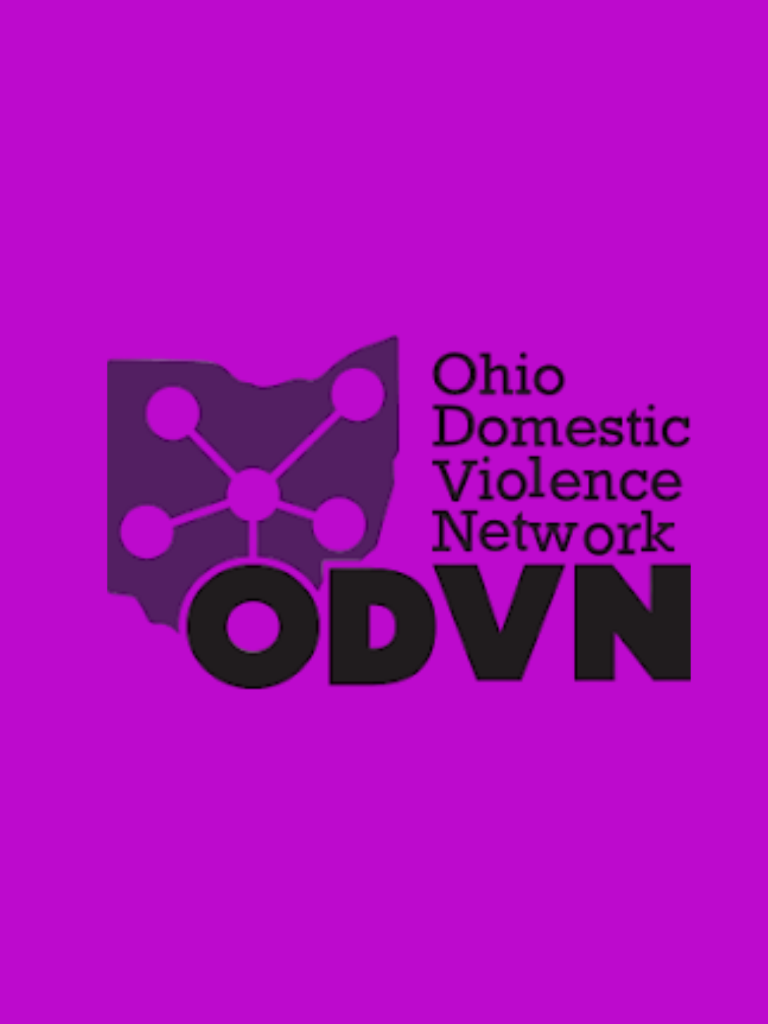 Logo of Ohio Domestic Violence Network with a purple background, featuring a black outline of Ohio state with connected dots and the words "Ohio Domestic Violence Network" and "ODVN" in black.