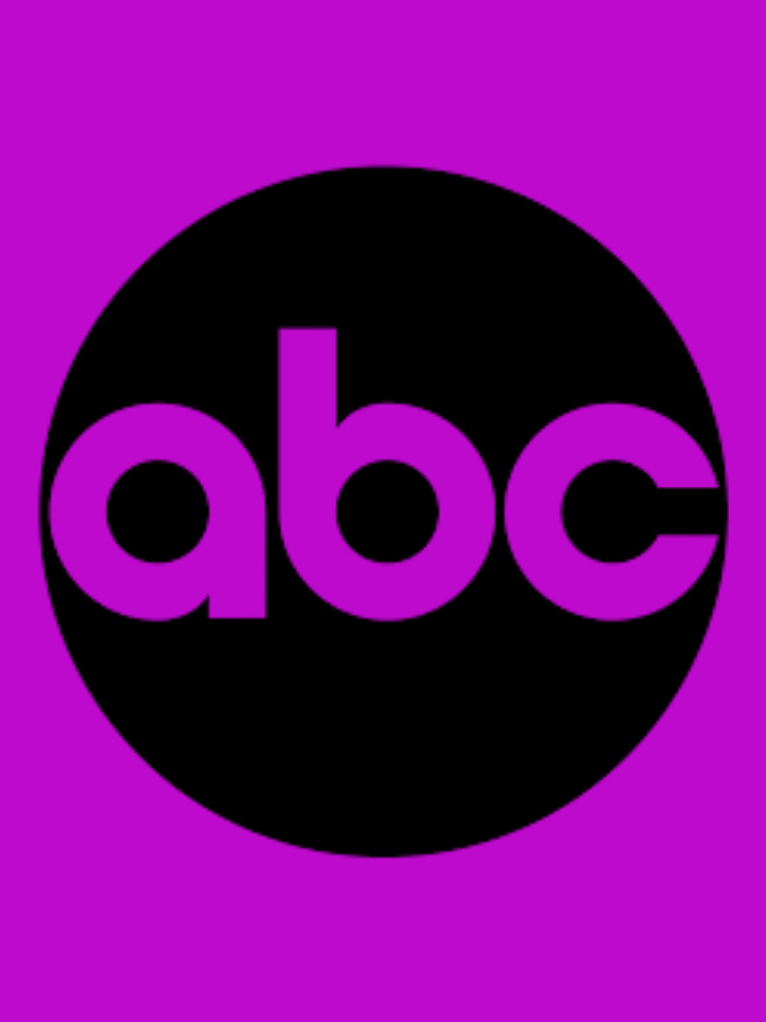 ABC logo with purple letters on a black circle background, purple gradient outer background.